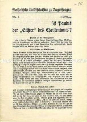 Druckschrift aus der Reihe "Katholische Volksschriften zu Tagesfragen", Nr. 5, zum Ursprung des Christentums