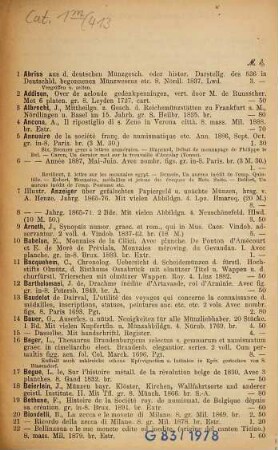 Katalog der Buch- und Antiquariats-Handlung von Theodor Ackermann, Promenadeplatz 10 in München, 413. Numismatik
