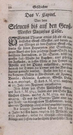 Das V. Capitel. Von dem Seleucus bis auf den Groß-Meister Augustus Cäsar.