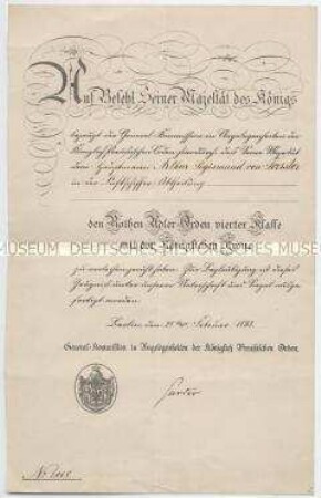 Verleihungsurkunde zum Roten Adler-Orden 4. Klasse mit der Krone