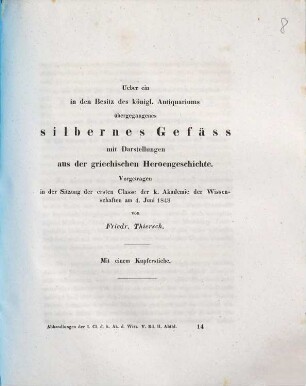 Ueber ein in den Besitz des königl. Antiquariums übergegangenes silbernes Gefäss mit Darstellungen aus der griechischen Heroengeschichte : Mit 1 Kupferstich
