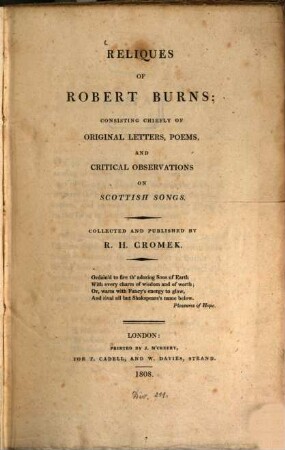 Reliques of Robert Burns : Consisting chiefly of original letters, poems and critical observations on Scottish songs