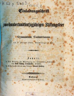 Einladungsschrift zur Stiftungsfeier des Herzoglichen Gymnasiums zu Coburg. 1855, 3. Juli