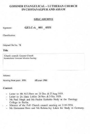 Church Council- Gossner Church, Kuratorium/ Gossner Mission Society