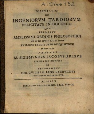 Disputatio de ingeniorum tardiorum felicitate in docendo