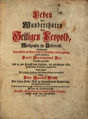 Leben und Wunderthaten Des Heiligen Leopold, Markgrafen in Österreich