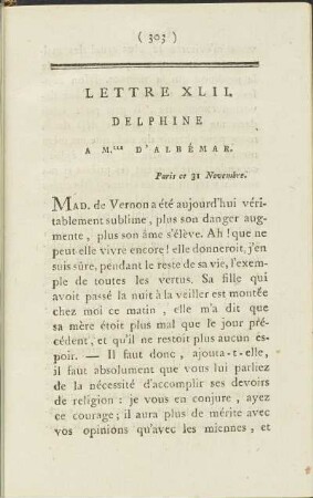 Lettre XLII. Delphine à Mlle. d' Albémar, Paris ce 31 Novembre.