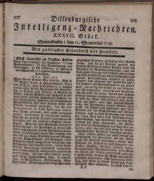XXXVII. Stück. Sonnabends: den 11. September 1779.