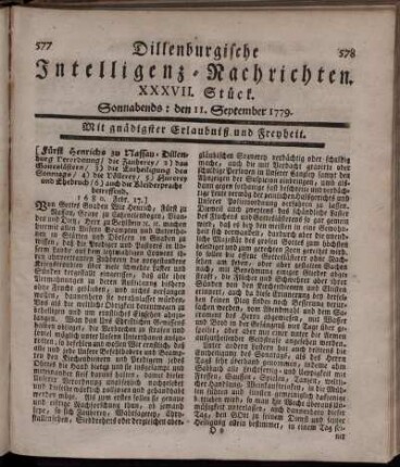 XXXVII. Stück. Sonnabends: den 11. September 1779.