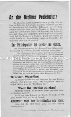 Aufruf an das Berliner Proletariat zur Unterstützung der Ruhrkämpfe