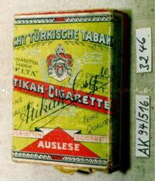 Pappschachtel für 10 Stück "ECHT TÜRKISCHE TABAKE ATIKAH-CIGARETTEN Atikah Cigten"