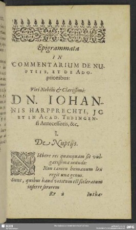 Epigrammata In Commentarium De Nuptiis, Et De Adoptionibus