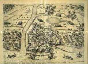 Belagerungsansicht der Stadt Ostende 1601, aus dem Atelier Frans Hogenberg, Serie 10: Nederlandse en Buitenlandse Gebeurtenissen 1587-1612.