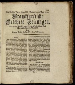Num. XLI. Freytags den 20. May. 1740 - Num. L. Dienstags den 21. Junii. 1740