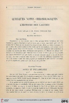 1: Quelques notes chronologiques sur l'histoire des Lagides, [1] : Lettre adressée à M. Henri Brugsch-Bey