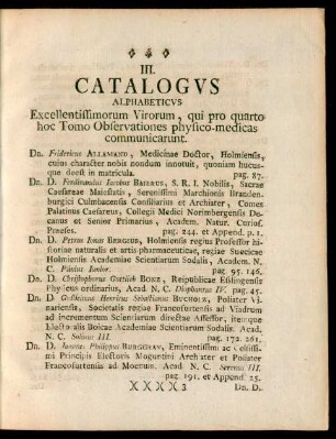 III. Catalogus Alphabeticus Excellentissimorum Virorum, qui pro quarto hoc Tomo Observationes physico-medicas communicarunt.