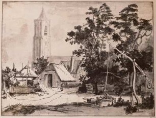 Dorf mit Ziehbrunnen und Kirchturm