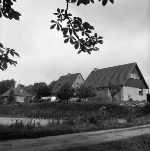 Klinkener Mühlenteich: dahinter Neubausiedlung mit Einfamilienhäusern: vorn Fußgängerweg: oben Baumäste