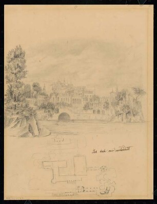Anlage einer Insel (Isola bella) Monatskonkurrenz Januar 1835: Lageplanskizze, perspektivische Ansicht