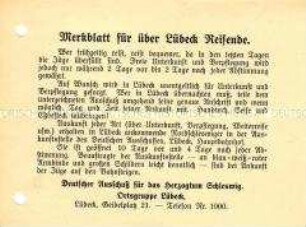 Merkblatt zum Reiseverkehr über Lübeck - Sachkonvolut