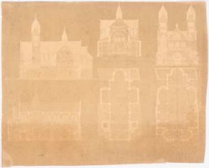 Dekanatskirche, Clerf (Clervaux): Turmansicht, Längsansicht, Quer- und Längsschnitt und Grundrisse 1:200 (negativ)