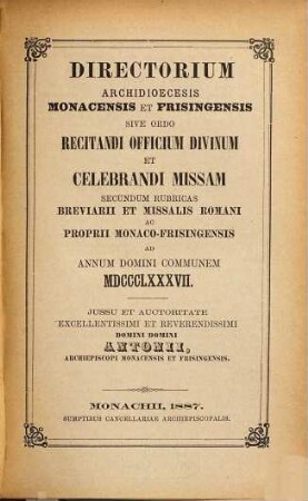Directorium sive ordo divini officii recitandi et missae celebrandae. 1887