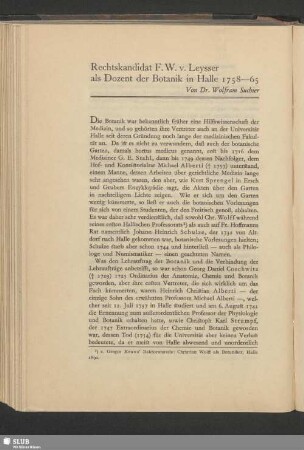 Rechtskandidat F. W. v. Leysser als Dozent der Botanik in Halle 1758-65