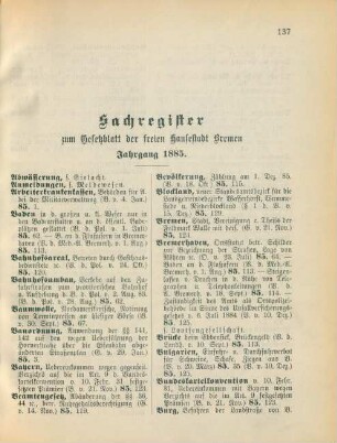Sachregister zum Gesetzblatt der freien Hansestadt Bremen. Jahrgang 1885