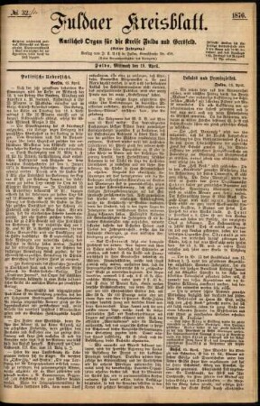 Erste Ausgabe vom Mittwoch, den 19. April 1876.