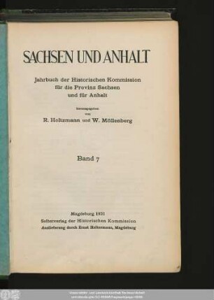 7.1931: Sachsen und Anhalt : Jahrbuch der Historischen Kommission für Sachsen-Anhalt