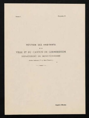 Planche E: Pétition des habitants de la Ville et du Canton de Germersheim