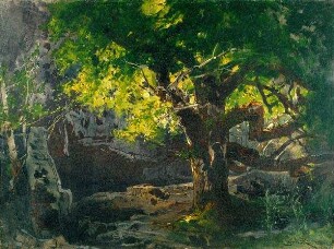 Szenenbild Siegfried, 2. Akt, 2. Szene: Tiefer Wald (Entwurf für die Ring-Aufführung in Bayreuth 1896)