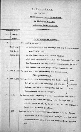 Uebersicht der von der Stadtverordneten-Versammlung am 22. September 1897 gefassten Beschlüsse., 22. September 1897
