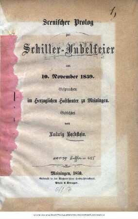 Scenischer Prolog zur Schiller-Jubelfeier am 10. November 1859 : gesprochen im Herzogl. Hoftheater zu Meiningen