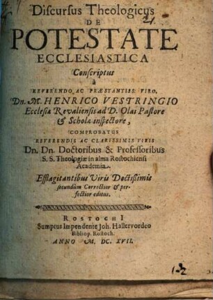 Discursus Theologicus De Potestate Ecclesiastica