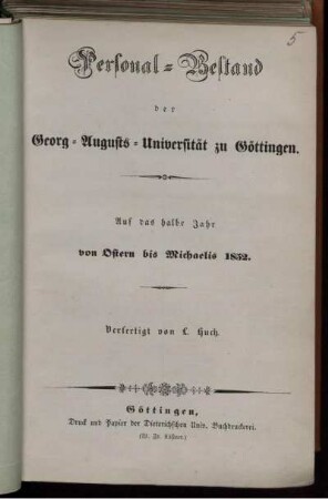 SS 1852: Personal-Bestand der Georg-Augusts-Universität zu Göttingen