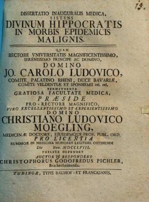 Diss. inaug. med. sistens divinum Hippocratis in morbis epidemicis malignis