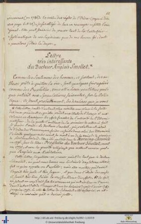 Lettre très intéressante du Docteur Anglais Smollet.