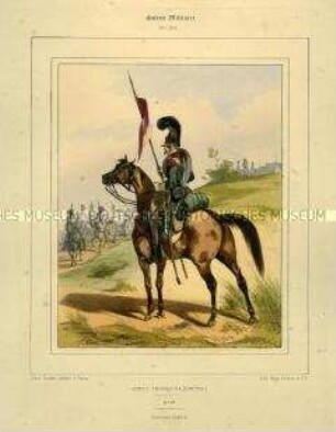 Uniformdarstellung, Reiter des Chevauleger-Regiments mit Lanzenflagge, Kaiserreich Frankreich, 1804/1812. Tafel Nr. 150 aus: Galerie Militaire.