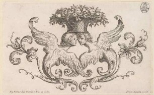 Vignette mit geflügelten Figuren und Obstkorb