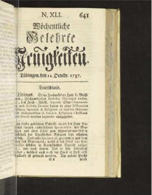 N. XLI. Tübingen, den 11. Octobr. 1737