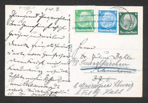 [Ansichtskarte von Otto Selz an Julius Bahle vermutlich vom 14.08.1935]