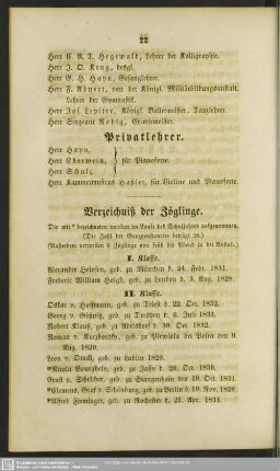 Verzeichniß der Zöglinge