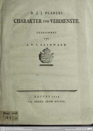 D. J. J. Planers Charakter Und Verdienste