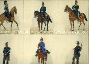 Uniformdarstellung, Offizier der reitenden Artillerie-Brigade, Korporal des Fuß-Artillerie-Regiments, Major des Fuß-Artillerie-Regiments, Kanonier, Korporal der Kommissar-Train-Kompanie, Oberpionier, Sachsen, 1860.