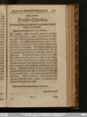 Ein ander Bericht-Schreiben. An einen Anverwandten, von einem unverhofften Todes-Fall.