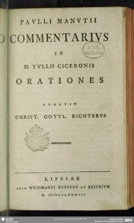 Paulii Manutii Commentarius In M. Tullii Ciceronis Orationes