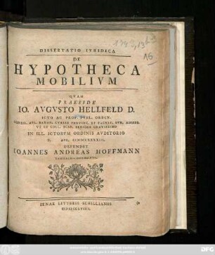 Dissertatio Ivridica De Hypotheca Mobilium
