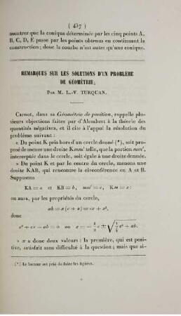 Remarques sur les solution d'un problème de géométrie.