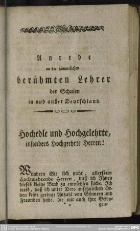 Anrede an die sämmtlichen berühmten Lehrer der Schulen in und außer Deutschland